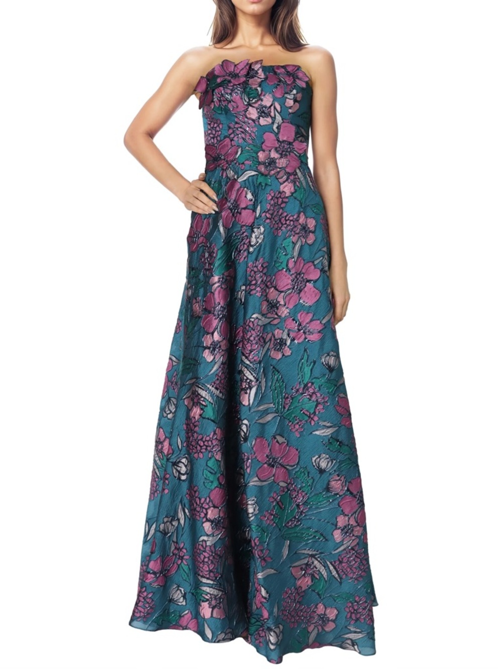 Rene Ruiz Teal Strapless Floral Ball Gown with Pink Accents